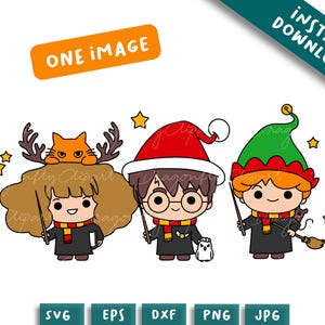 May include: Three cartoon characters dressed in Christmas attire. A girl with brown hair and a cat headband, a boy with brown hair wearing a Santa hat, and a boy with orange hair wearing a green elf hat. The characters are holding wands and are surrounded by stars.