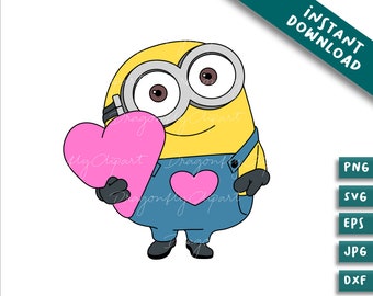 May include: A yellow Minion cartoon character holding a pink heart in its hands. The Minion is wearing blue overalls and has a pink heart on its chest.