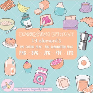 Lot petit-déjeuner kawaii, oeufs svg png, mignon toast svg, png de bouillie, svg crêpes, lot svg du matin, fichiers coupés petit-déjeuner, clipart banane