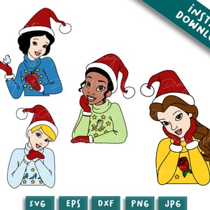 4 paquet de princesse de Noël, svg cricut sweat-shirt de noël moche, paquet Personnage de Noël, fichiers de coupe de vacances pour la sublimation de Cricut