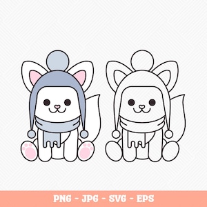 May include: Two cartoon foxes wearing winter hats and scarves. One fox is coloured with a light blue hat and scarf, pink ears and paws. The other fox is an outline. The image includes the text "PNG - JPG - SVG - EPS".
