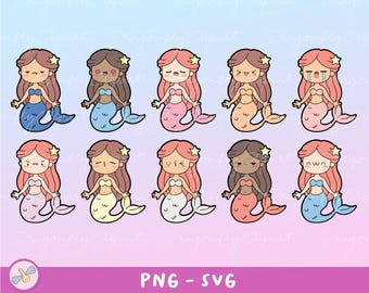 Kawaii Mermaid Emoji Clipart: Pastel SVG PNG Bundle