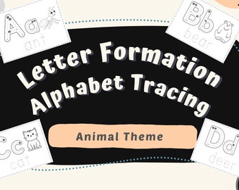 Könnte beinhalten: Schwarz-weiße druckbare Alphabet-Übungskarten mit Tierillustrationen. Die Karten zeigen die Buchstaben A bis D mit gepunkteten Linien zum Nachzeichnen. Jede Karte enthält den Buchstaben, eine Kleinbuchstabenversion des Buchstabens und den Namen eines Tieres, das mit diesem Buchstaben beginnt. Die Tiere sind eine Ameise, ein Bär, eine Katze und ein Reh.