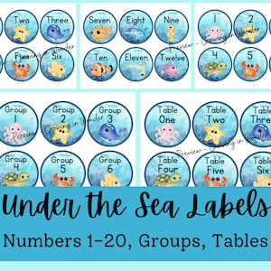 Puede incluir: Etiquetas Bajo el Mar: Un conjunto de etiquetas ilustradas coloridas que presentan los números del 1 al 20, grupos y mesas. Cada etiqueta tiene un diseño diferente de criatura marina.