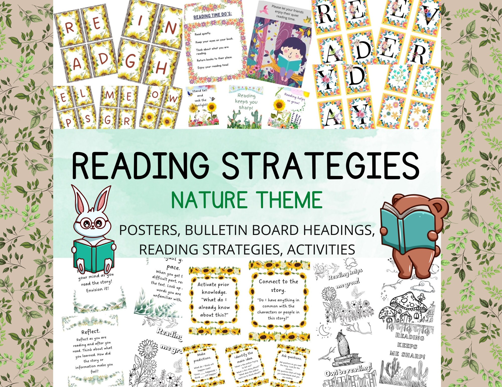 Reading Strategies bulletin Board, Reading Posters, Activities Nature