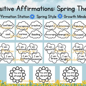 May include: A printable worksheet with positive affirmations for children. The affirmations are organised into three categories: I am, You are, and Spring Style. The worksheet features a spring theme with flowers and clouds.