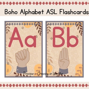 May include: Two flashcards with a boho design featuring the letters A and B in red with a lowercase letter next to each capital letter. The letters are on a beige background with brown and yellow floral designs. Each card also shows a hand demonstrating the American Sign Language sign for the letter.