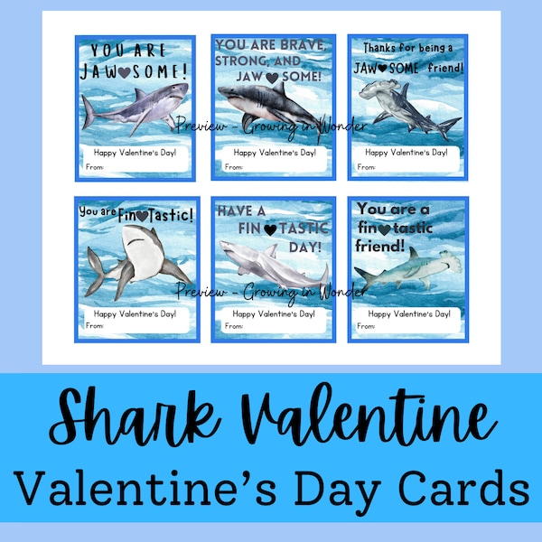 Shark Valentine's Day Cards, Classroom Valentine's Cards, Printable