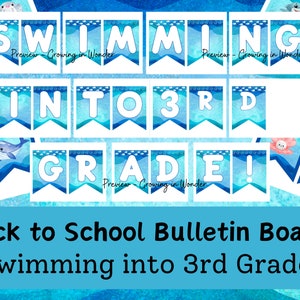Könnte beinhalten: Ein blaues und weißes Banner mit den Worten "Swimming into 3rd Grade!" Das Banner ist mit Bildern zum Thema Meer verziert, darunter ein Krebs, ein Wal, ein Seestern und ein Hai. Der Text "Preview - Growing in Wonder" erscheint auf dem Banner.