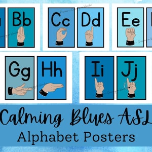 Cartões de linguagem de sinais do alfabeto em tons de azul, pôsteres do alfabeto ASL