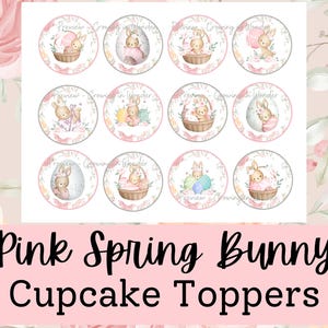 Könnte beinhalten: Rosa und weiße Cupcake-Topper mit Hasen, die Ostereier halten. Die Topper haben einen Aquarell-Stil und sind mit Blumen und dem Text "Preview Growing in Wonder" verziert.