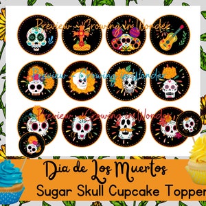 Dia de Los Muertos-cupcaketoppers met suikerschedel, afdrukbaar