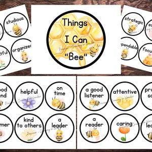 May include: A collection of circular stickers with a bee theme. Each sticker features a word like "myself," "studious," or "organized," along with a watercolor illustration of a bee. The central sticker reads "Things I Can 'Bee'."