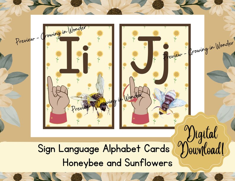 Honey Bee ASL Alphabet Printable Cards, Sunflower Boho Theme, Sign ...