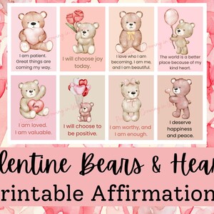 Affirmations à imprimer avec des ours et des coeurs pour la Saint-Valentin