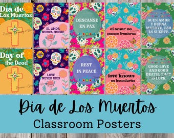 Könnte beinhalten: Eine Sammlung farbenfroher "Dia de Los Muertos" Klassenzimmer-Poster. Jedes Poster zeigt Blumen- und Totenkopf-Designs mit Sätzen wie "Love Never Dies" und "Rest in Peace". Der Titel "Dia de Los Muertos Classroom Posters" wird unten angezeigt.