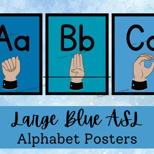 Cartões de linguagem de sinais com alfabeto em tons grandes de azul, pôsteres do alfabeto ASL