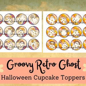 Groovy, Retro Halloween Ghost Cupcake Toppers, Printable