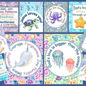 May include: A collection of watercolor art prints featuring marine life and inspirational quotes. Designs include a turtle with "Jesus loves you!", an octopus with "I am fearfully and wonderfully made", and a starfish with "God's love shines through you!"
