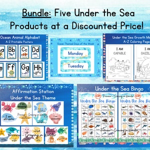 Lot à prix réduit : thème Sous la mer, cartes imprimables de l'alphabet, animaux de l'océan, pages à colorier sur la mentalité de croissance, bingo,