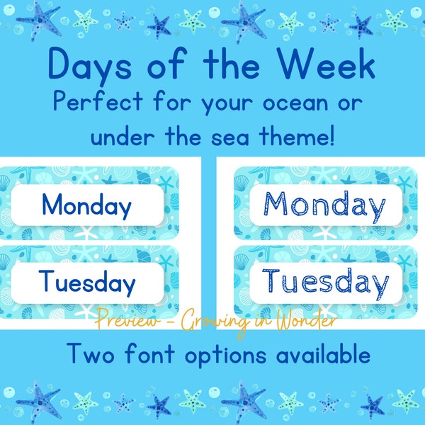 Ocean Themed Days of the Week Printable Cards, Calendar