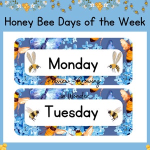 Honey Bee Days of the Week (Blue Background, Watercolor Honeybees)