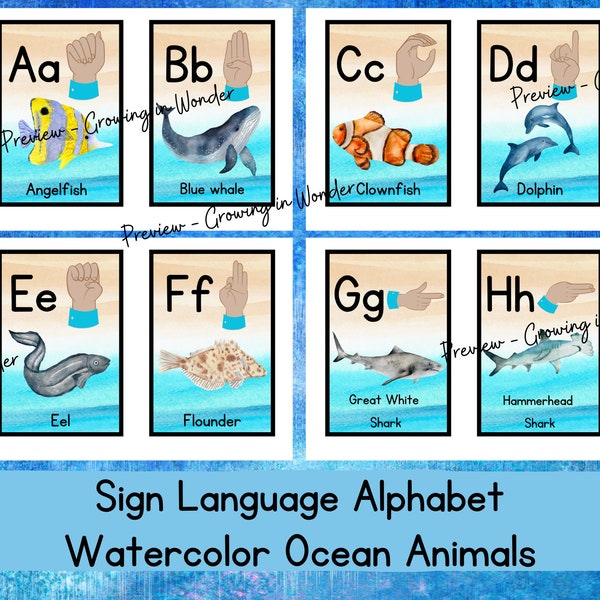 Sign Language Alphabet Watercolor Ocean Animal Flashcards, Posters