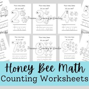 Bee Theme Math Worksheets: Counting 1-10, Tracing, Writing