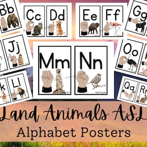Cartões de linguagem de sinais do alfabeto de animais terrestres, pôsteres do alfabeto ASL