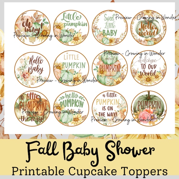 Fall Pumpkin Baby Shower Cupcake Toppers, Printable