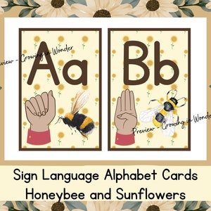 Honey Bee ASL Alphabet Printable Cards, Sunflower Boho Theme, Sign Language Posters