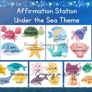 May include: A set of colorful affirmation cards featuring sea creatures and positive affirmations. The cards are designed for children and feature phrases like "I am amazing", "I am adventurous", and "I am awesome".