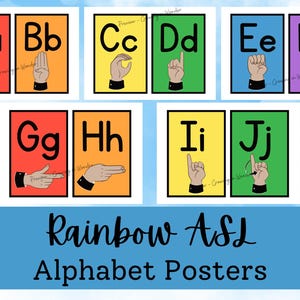 Cartazes imprimíveis de alfabeto em linguagem de sinais, cores do arco-íris, decoração para sala de aula de volta às aulas
