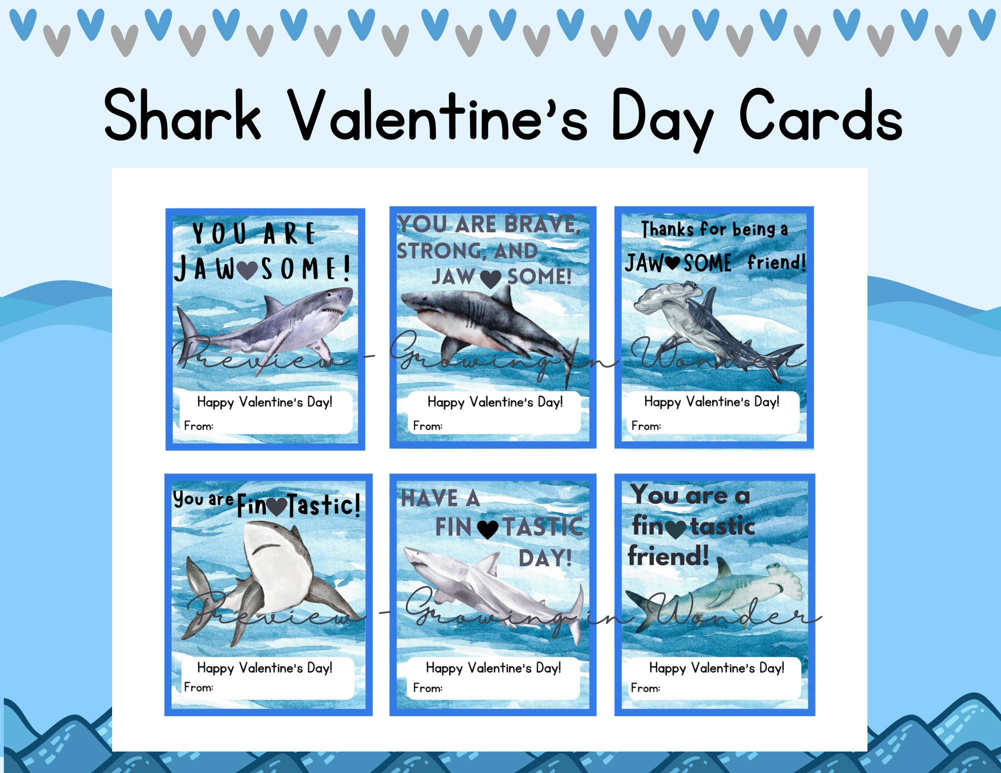 Shark Valentine's Day Cards Classroom Valentine's Etsy