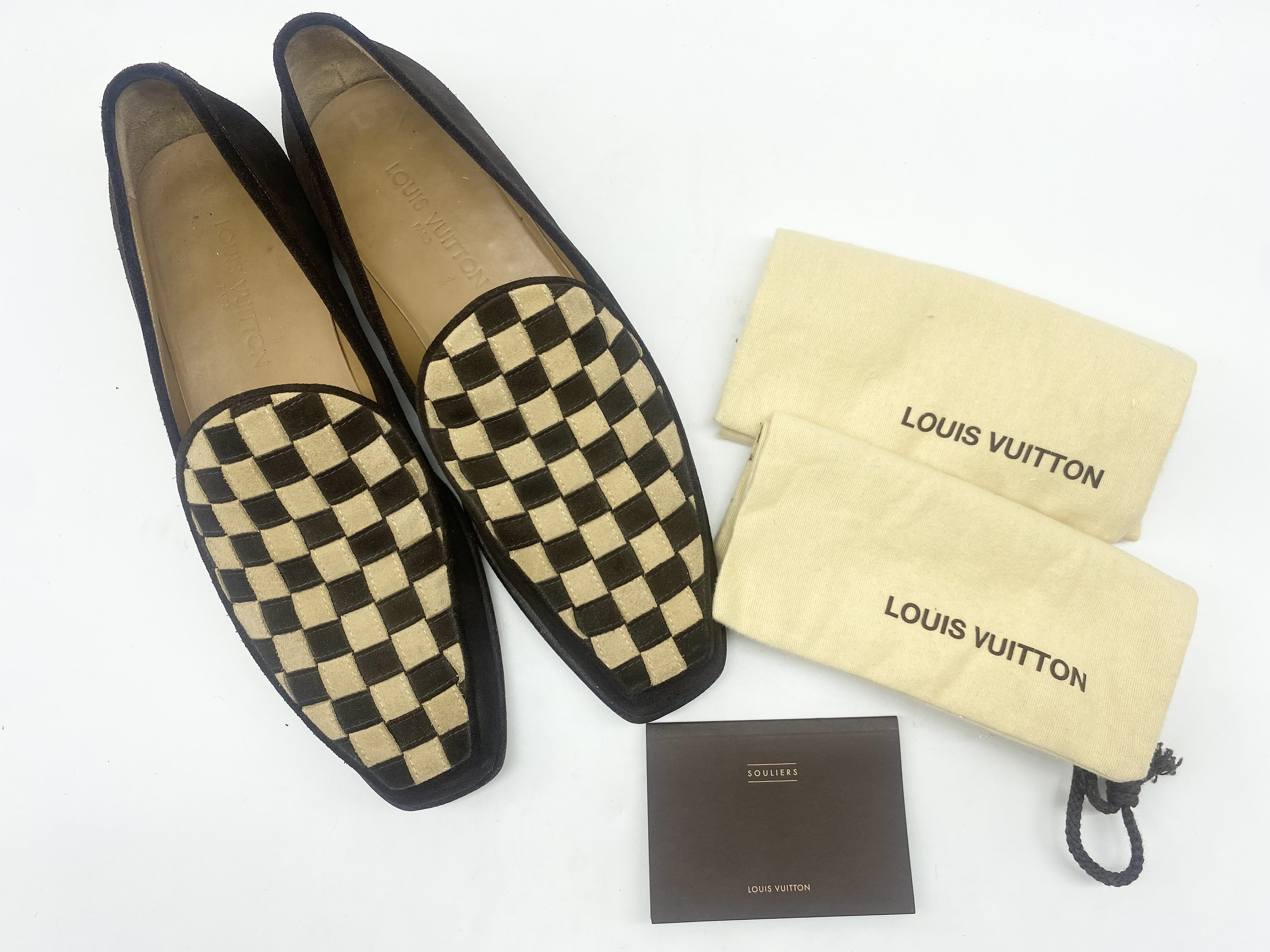 Mens Louis Vuitton Brown & Tan Suede Checkerboard Loafers 