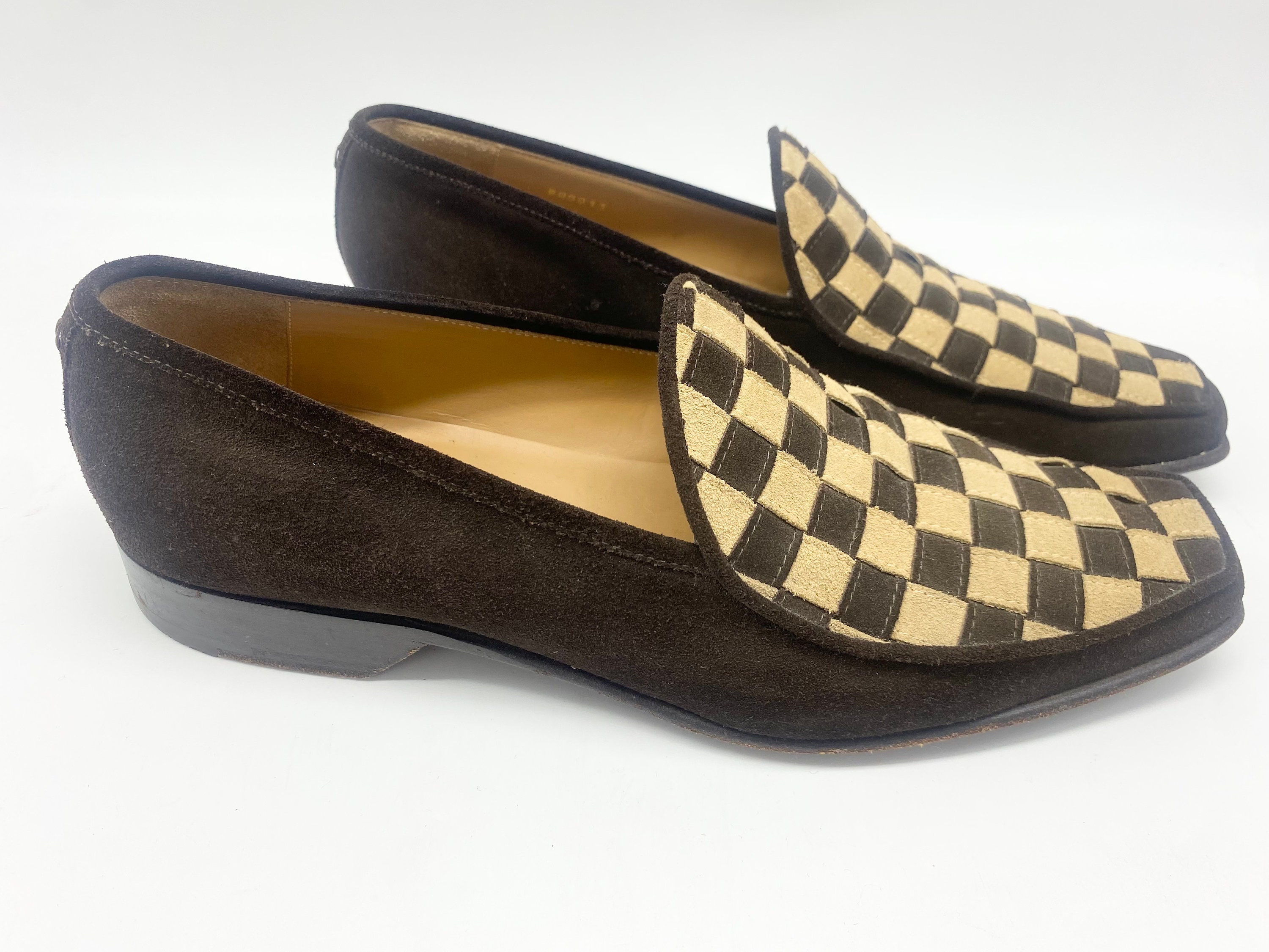 Mens Louis Vuitton Brown & Tan Suede Checkerboard Loafers 