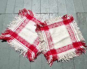 Lot of 11 Vintage Turkey Red & White Linen Damask Fringe Napkins