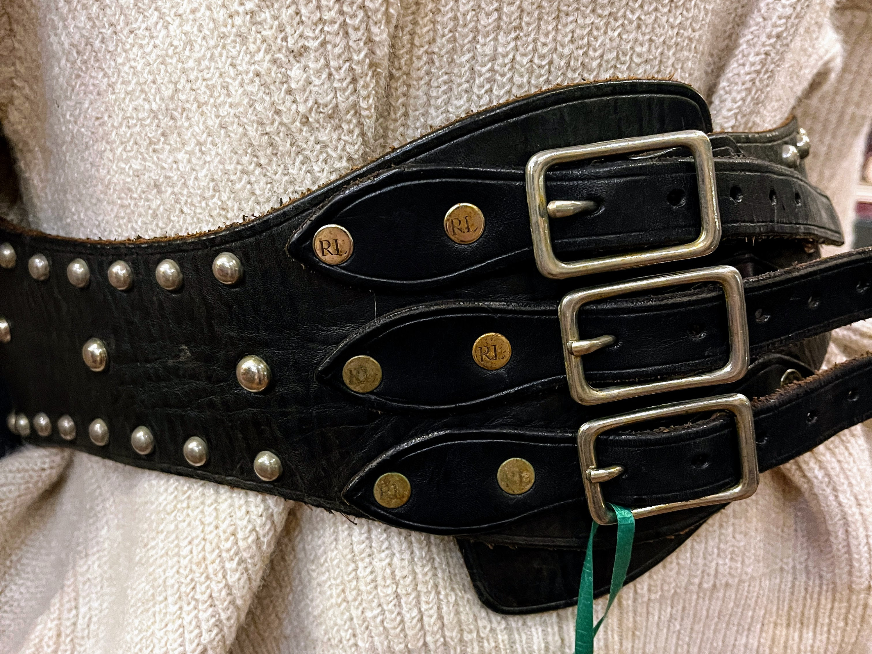 小物 Vintage studs leather belt Vintage Studded Belt ZigZag Studs Real Leather | Women's