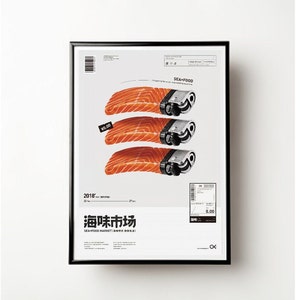 Lachsfeuerzeug Poster, trendiges Poster, Ästhetische Wandkunst, Meeresfrüchte Collage, Wanddeko, Digitaler Download, Lachs Feuerzeug