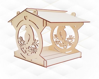 May include: A wooden bird feeder with a roof and two birds perched on branches. The feeder has a circular opening for birds to access the food.