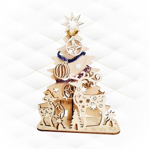 Tarjeta de regalo navideña, rompecabezas 3D, diseño cortado con láser. Tarjetas de felicitación navideñas, patrón de ciervo, plantilla de corte láser. Archivos SVG y DXF, modelo cortado.