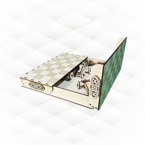 Gift chess set with board, laser cut pattern, chess template. Design laser cutting, game toy, greeting gift, handmade chess, svg dxf files.