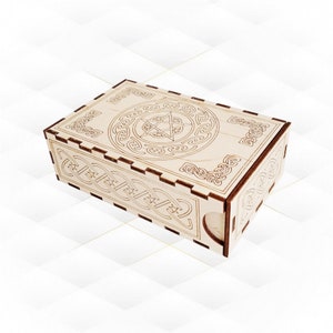 May include: A wooden box featuring a Celtic knot design and a pentagram at its centre. The box is crafted from light wood and has a natural finish.