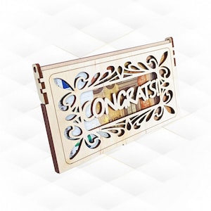Envelope porta-dinheiro exclusivo, design com corte a laser. Caixa para dinheiro e cartões, corte a laser, artesanato a laser, arquivos svg dxf. Padrão "Parabéns".