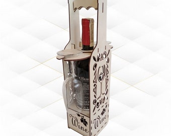 Wein-Box für Zwei Laser Cut Vorlage, Gläser Flaschenhalter SVG DXF Schnittmodell