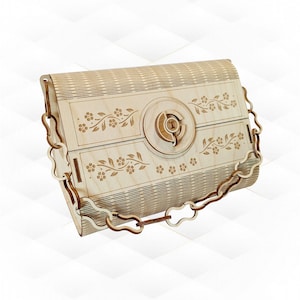 May include: A wooden clutch purse with a floral design and a circular lock. The purse has a chain strap.
