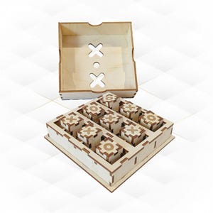 May include: A wooden tic-tac-toe game set. The set includes a square game board with nine cubical game pieces, each marked with an X or O. The game pieces are stored in a matching wooden box with a cutout design.
