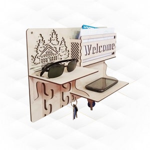 Organizador de estantes de pared, diseño cortado con láser, archivos svg dxf. Dibujo cortado con láser, decoración de pared, diseño de saludo. Soporte para estantes, modelo vectorial cortado.