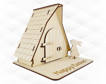Scatola di Pasqua con casetta a forma di coniglietto, design tagliato al laser, modello SVG DXF per taglio laser, porta uova