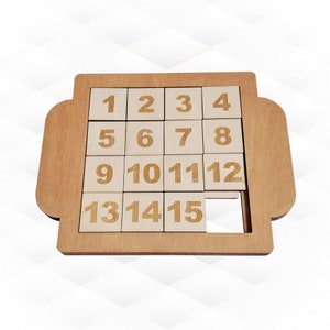 Pocket game, sliding puzzles 15, svg dxf laser cutting files. Ready cut plan, logic game, birthday gift. Puzzles design, greeting game toy.